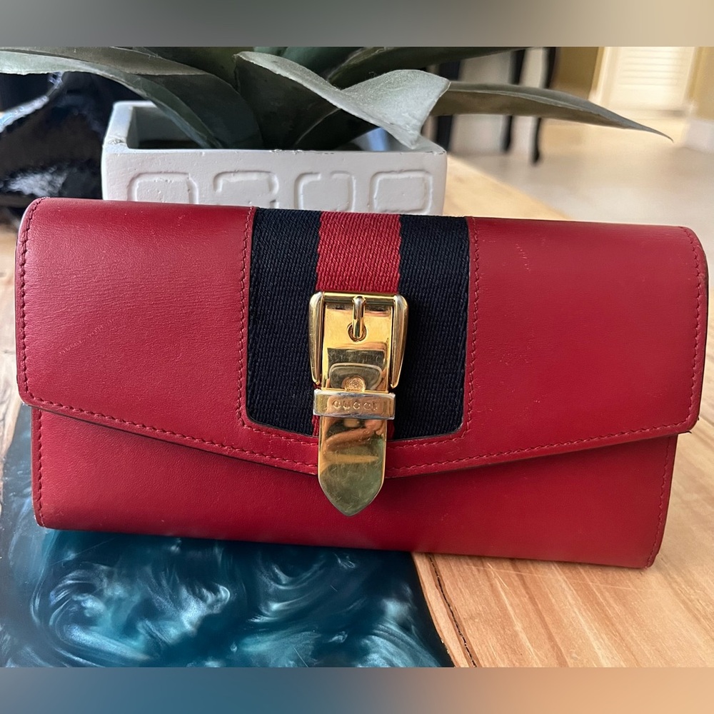 Gucci Sylvie Web Continental Wallet in Red and Blue with Gold Clasp